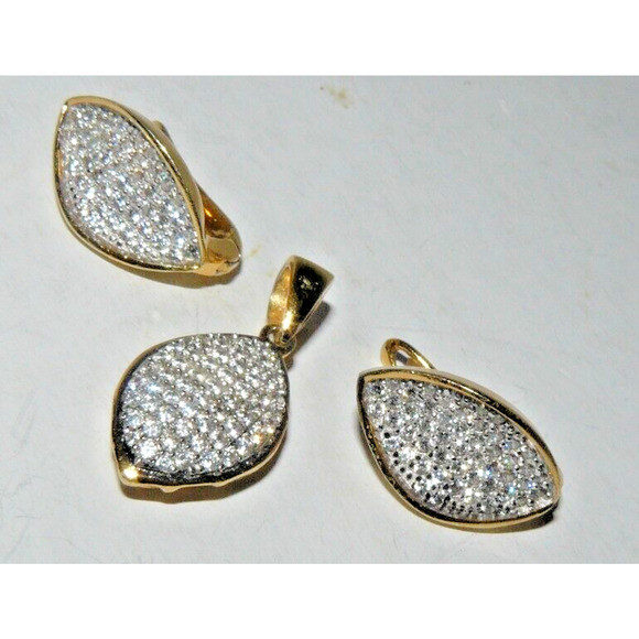 Pave Diamond Covered Leaf Shaped Pendant & Earrings Set YGP 925 Sterling Silver - Picture 6 of 6